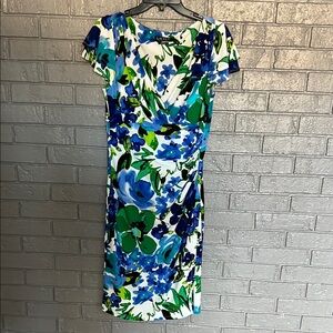 Lauren Ralph Lauren Blue and Green Sheath Midi Dress with Flutter Sleeves
